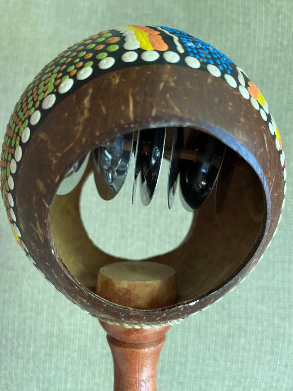 🥥 Rare 2-in-1 Hand-Painted Coconut Tambourine Shaker - Dot Art Maraca Chime